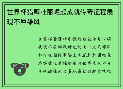 世界杯猎鹰壮丽崛起成就传奇征程展现不屈雄风